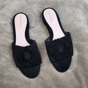 Taryn Rose Violet Black Leather Flower Slip On Sandal Size 9B